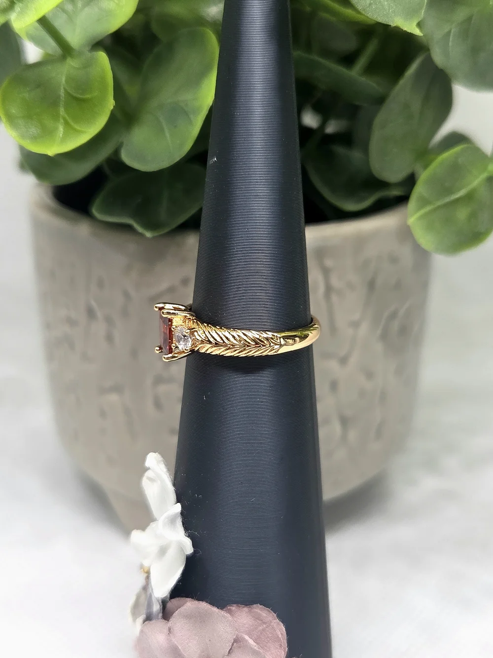 BP Gold Tone Garnet & CZ Trio Stone Ring